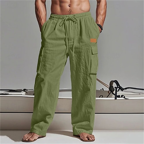 Herren Cargo-Hosen Leinenhosen Hose Sommerhose Elastischer Bund Kordelzug Mehrere Taschen Einfach Komfort Atmungsaktiv Volle Länge Lässig Täglich Ferien Urlaub Mode Schwarz Weiß Unelastisch Image