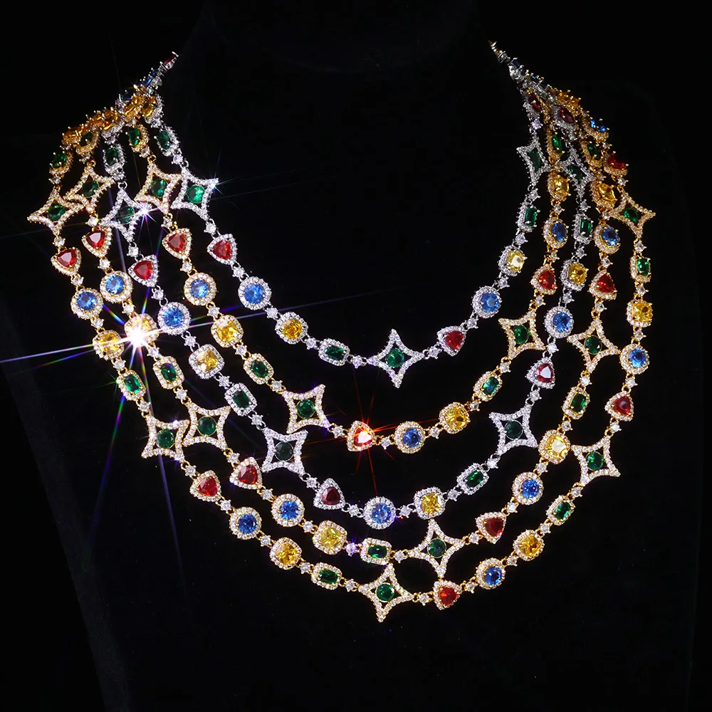 Hip Hop Schmuck Mode Farbige Zirkon Iced Out Halskette Frauen Kristall Edelstein Link Kette Armband Weißgold Überzogen
