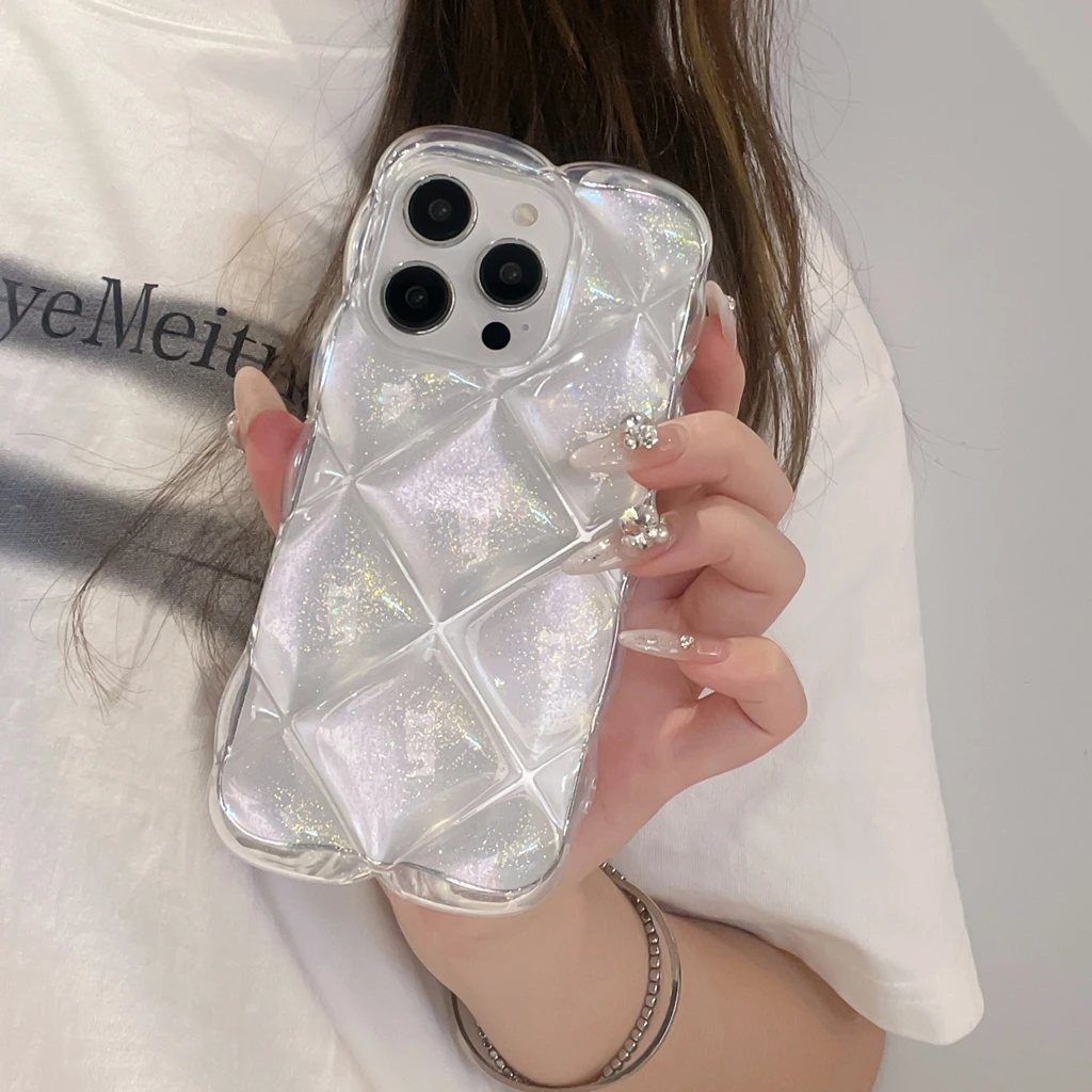 Transparenter Tropfenkleber, feines Glitzerpulver, stereoskopisches Rautengittermuster, Schutzhülle für iPhone 17, 16, 15, 14, 13, 12, 11, Pro Max Image