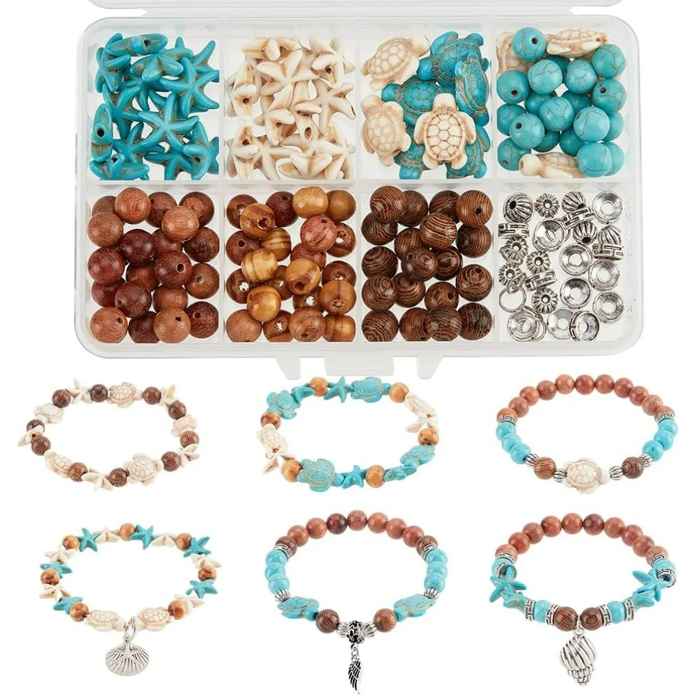 1 Box 6 Sets Ocean Bracelet Making Kit Sea Turtle Beads Turtle Charm Starfish Charms Wood Beads Summer Ocean Beads making kit Image
