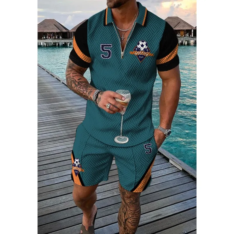 Männer Sommer Casual Rot Polo-Shirt Set Männlichen Mode Trainingsanzug Einfarbig Anzug Drehen Unten Kragen Zipper Kleidung Vintage Outfit