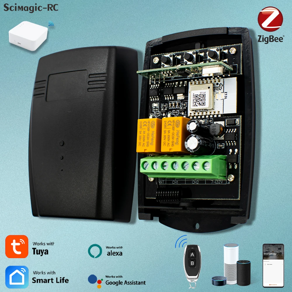 Universeller Fernbedienungsempfänger Zigbee Smart 2 CH Garagentoröffner, für ERREKA PUJOL VDS Doorhan 433 MHz, fester Rolling Code Image