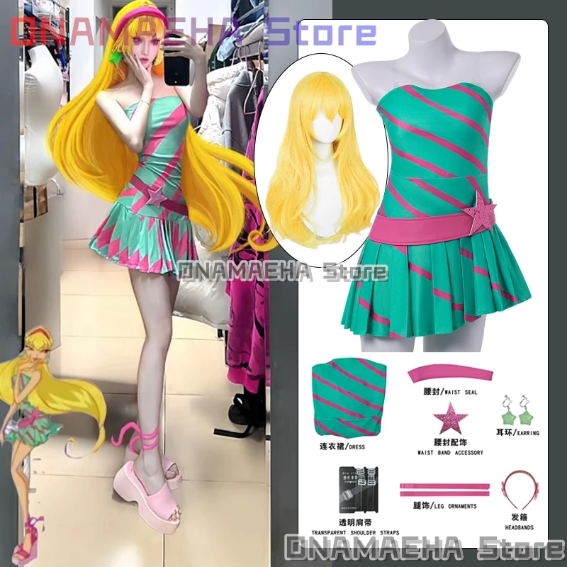 Anime Stella Cosplay Kostüm Fee Party Grün Bandeau Kleid Damen Kleider Halloween Rollenspiel Perücke Schuh Outfit Verkleidung Anzüge