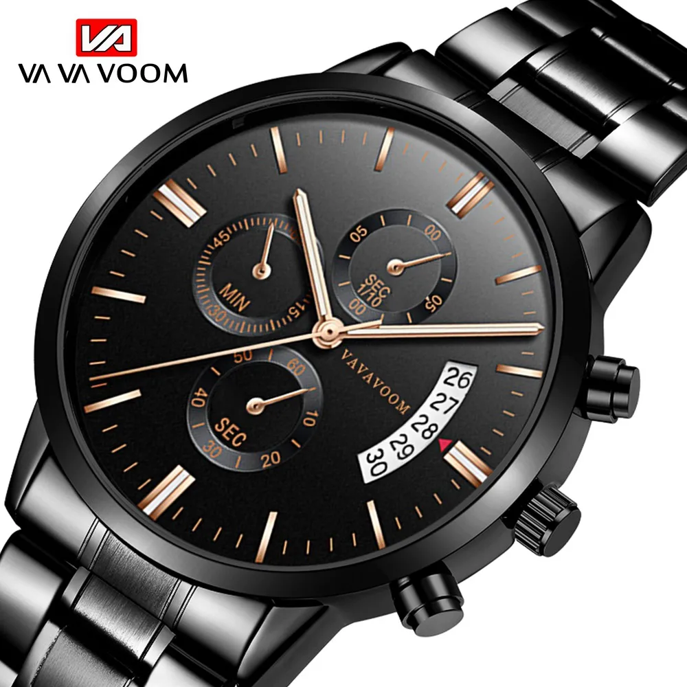 VA VA VOOM Marke Herrenuhr 3Bar Wasserdichtes Edelstahlgewebe mit Silber Schwarz Sportstil 43mm Quarzwerk Armbanduhren Image