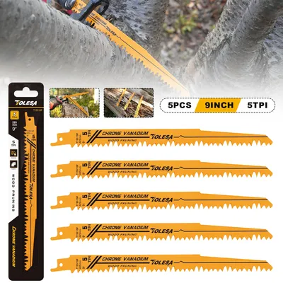 TOLESA 5PCS 225mm Wood Pruning Reciprocating Saw Blades for Wood and PVC Pipe 5TPI CRV Saw Blades Clean Cuting