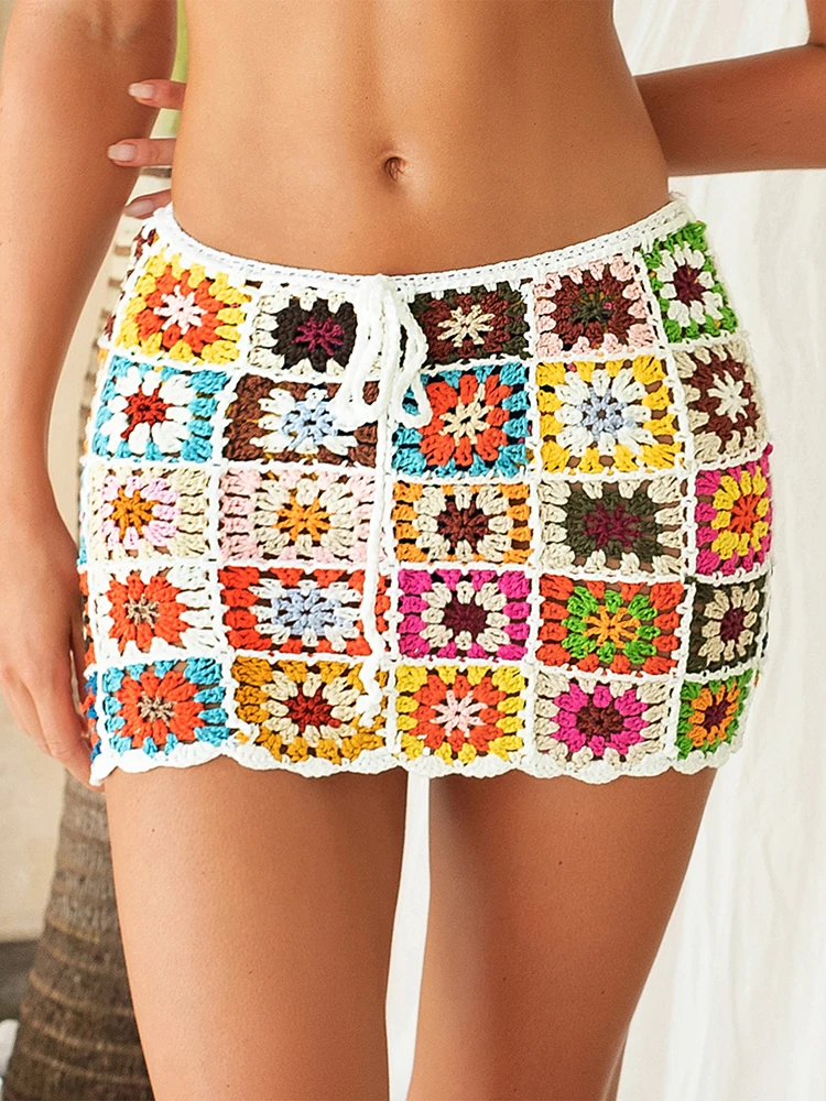 Frauen Floral Crochet Cover Up Minirock Aushöhlen Badeanzug Coverups Rock Urlaub Strand Kurze Röcke Bademode Badeanzug Image