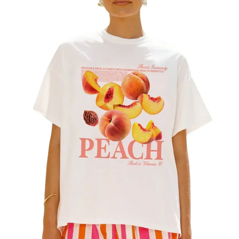 Sommer Hippie süße Frucht Grafik T-Shirts Vintage Pfirsich bedruckte T-Shirts für Frauen lose Kurzarm Retro ästhetische Mode Tops
