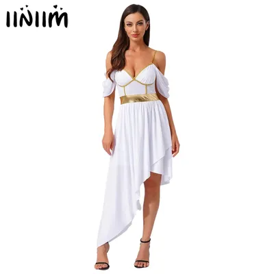 Antikes griechisches römisches Gottheitskönigin-Cosplay-Outfit für Damen, metallisch glänzend, schulterfrei, Sling, arabisches römisches Kleid, Halloween-Kostüm Image