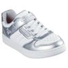 Sneaker SKECHERS "QUICK STREET", Kinder, Gr. 30, silber (weiß, silberfarben), Lederimitat, metallic, sportlich, Schuhe, Retro Sneaker mit Klettverschluss, Größenschablone zum Download