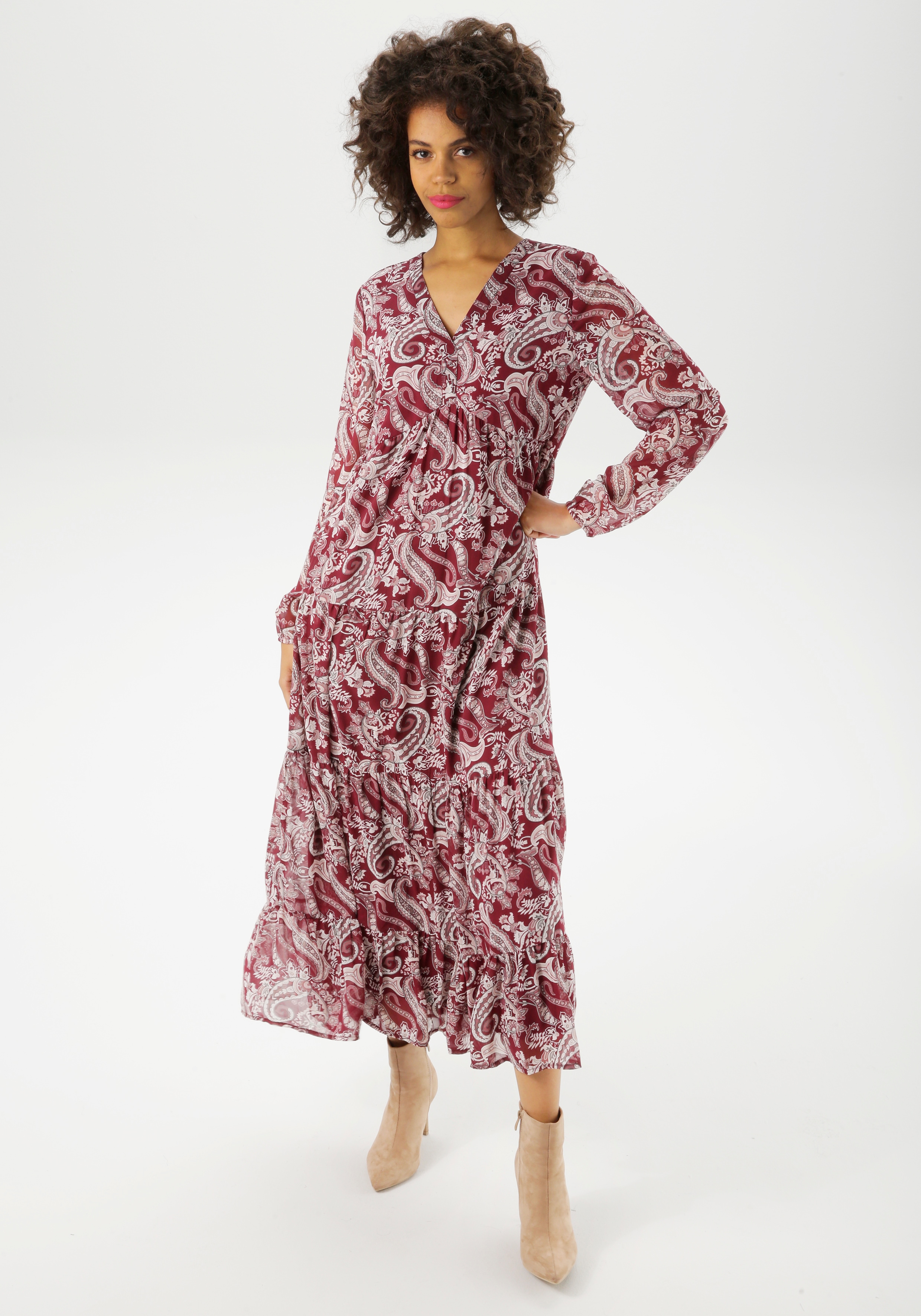 Maxikleid ANISTON CASUAL, Damen, Gr. 40, N-Gr, rot (bordeaux, wollweiß, altrosa, beere, schwarz, hellgrau), Georgette, Obermaterial: 100% Polyester. Futter: 100% Polyester, Paisley, bedruckt, gemustert, figurumspielend knöchelfrei, V-Ausschnitt,...