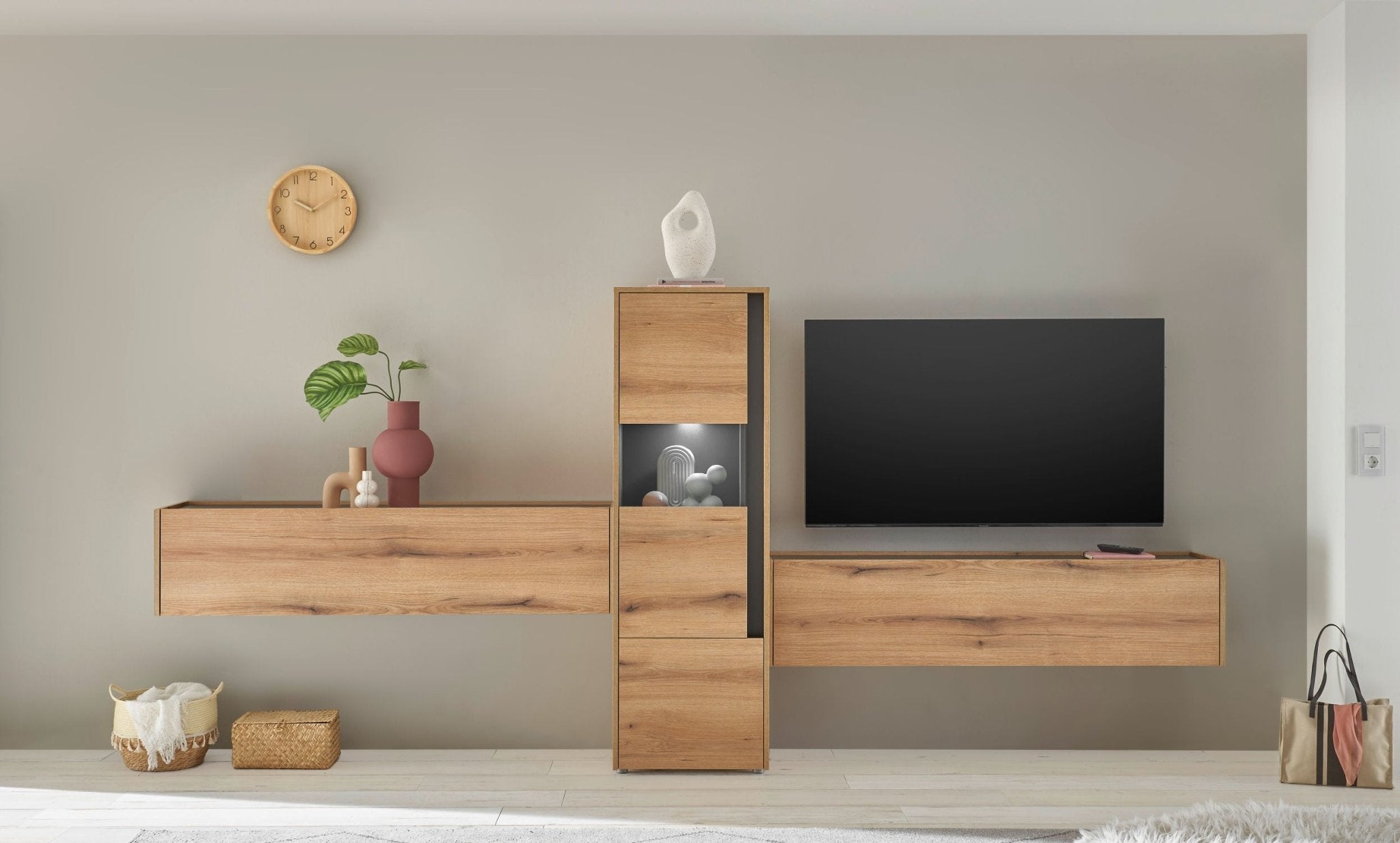 Wohnwand Eiche 350 cm 3-teilig Nr 14 mit Beleuchtung Boston