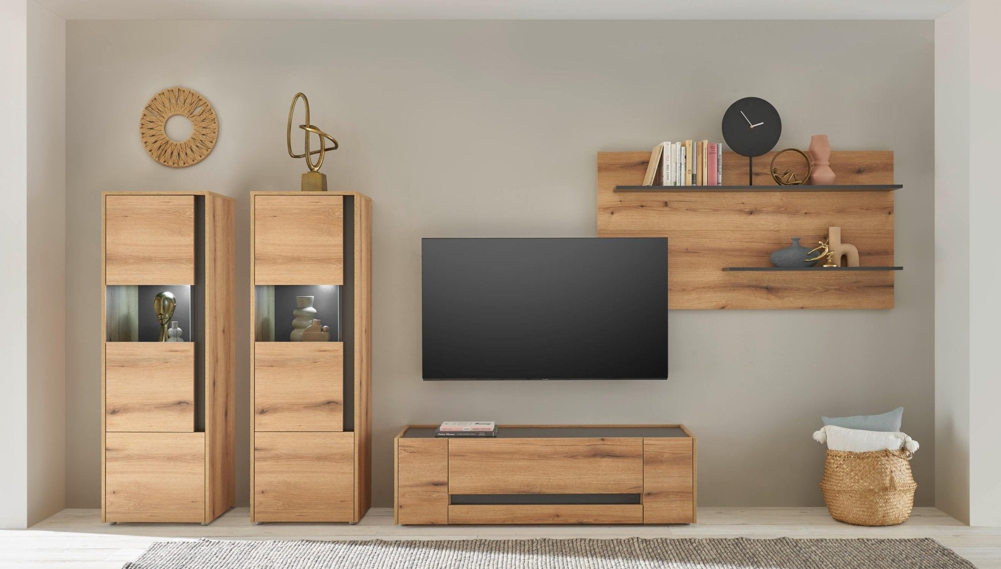 Wohnwand Eiche 340 cm 4-teilig Nr 18 mit Beleuchtung Boston