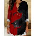 Blouse tunique pour femmes V avec col en V à manches longues boho décontractée tops d'été graphiques animaux chat vintage tropical tops réguliers à porter au quotidien imprimé noir et blanc jaune