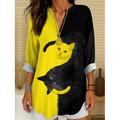 Blouse tunique pour femmes V avec col en V à manches longues boho décontractée tops d'été graphiques animaux chat vintage tropical tops réguliers à porter au quotidien imprimé noir et blanc jaune
