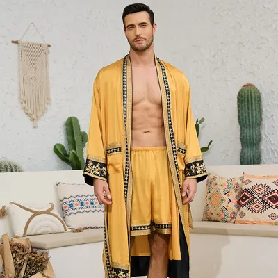 Drucken Robe Anzug Hause Kleidung Bademantel Nachtwäsche Lose Kimono Männer Eis Seide Robe Shorts Set Image