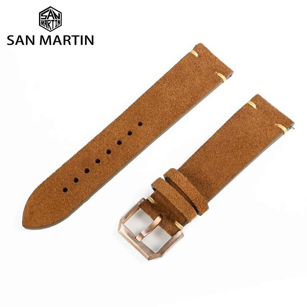San Martin 22 mm Retro-Wildlederbänder für Herren und Damen, klassisches weiches braunes Leder-Uhrenarmband, Cusn8-Bronze-Schnalle, Ersatzarmbänder Image