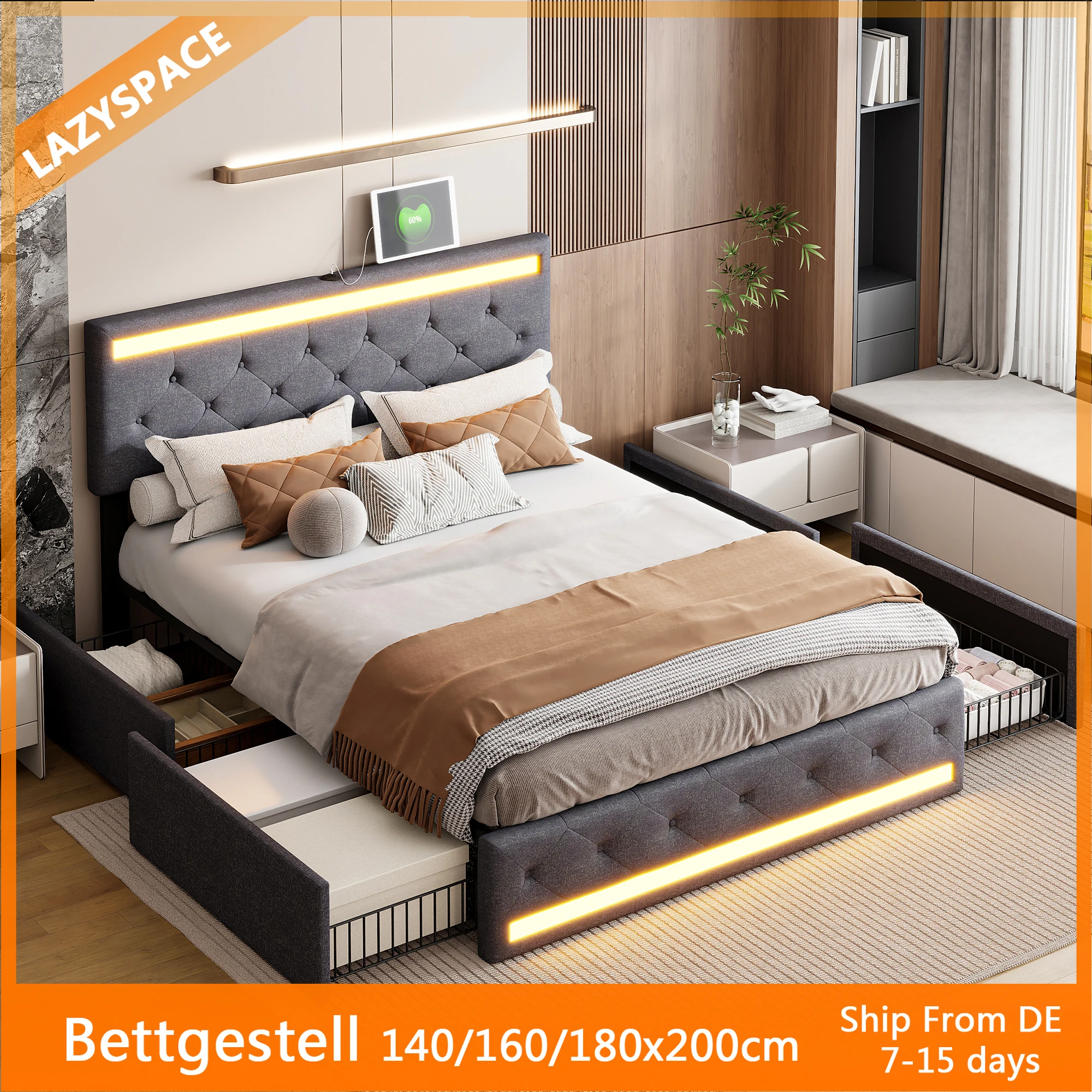 Comanlai gepolstertes Doppelbett 140/160/180 x 200 cm, mit LED-Licht und 4 Schubladen, Metallrahmen und Holzlatten, Leinen Image