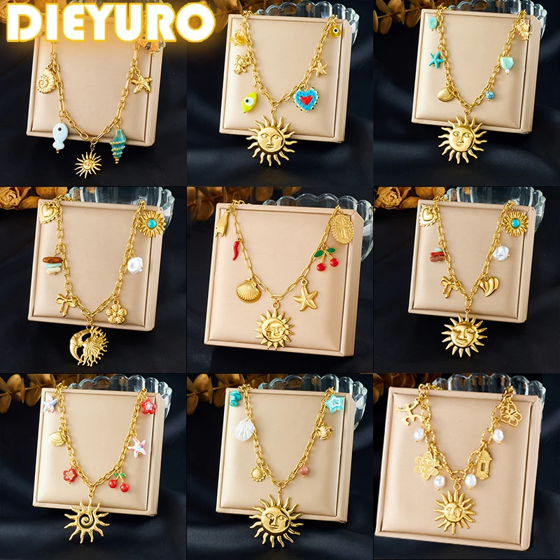 DIEYURO Acciaio inossidabile 316L Personalità dorata Serie sole Collana multi pendente Donna Nuova moda Catena al collo Gioielli per le vacanze