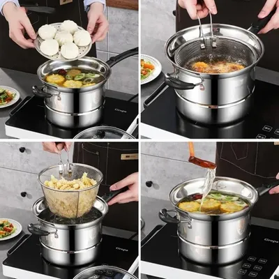 4pc Non Stick Chip Pan Deep Fat Fryer Cooking Noodle Soup Pot Frying Basket&Lid