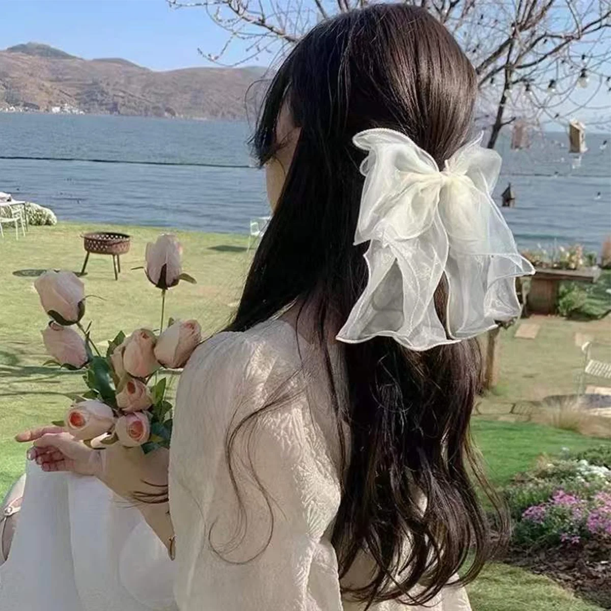 1/3PCS Haarschleifen Haarspange Weiß Blau Schwarz Haarschleife Garn für Frauen Mädchen Haarschmuck Ästhetische seidige Satin Metallklemme Image