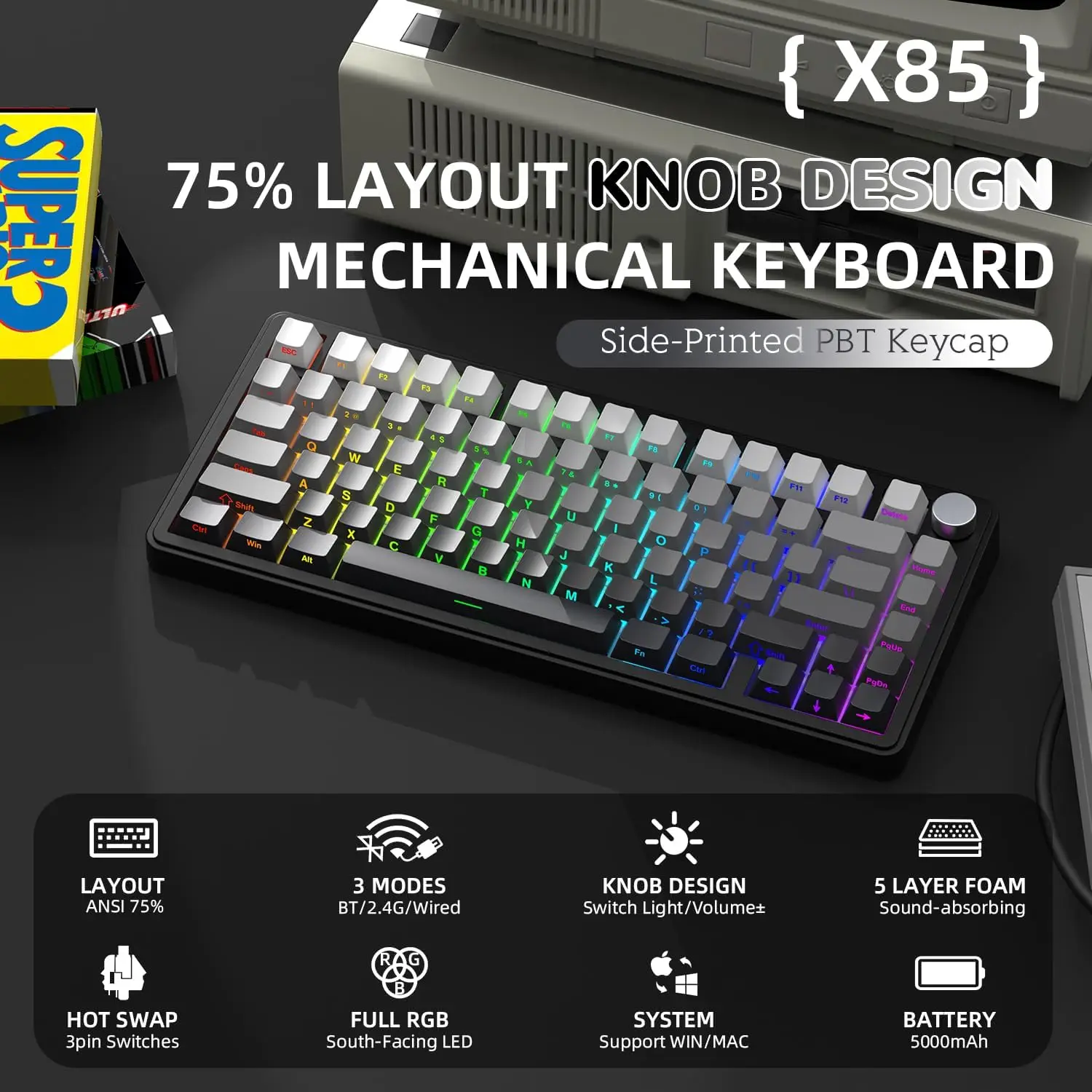 ATTACK SHARK X85 Kabellose mechanische Gaming-Tastatur, TKL 82-Tasten, Dichtungsstruktur, Knopf, RGB-Hot-Swap-fähige benutzerdefinierte Tastatur Image