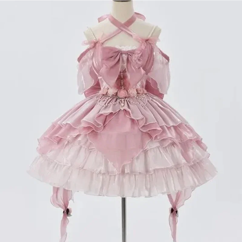 Rosa Lolita JSK Kleid Vintage Gothic Rüschen ärmellos süße Schleife Prinzessin Pettiskirt Crossdresser Sissy Party Puff Kleid 2025