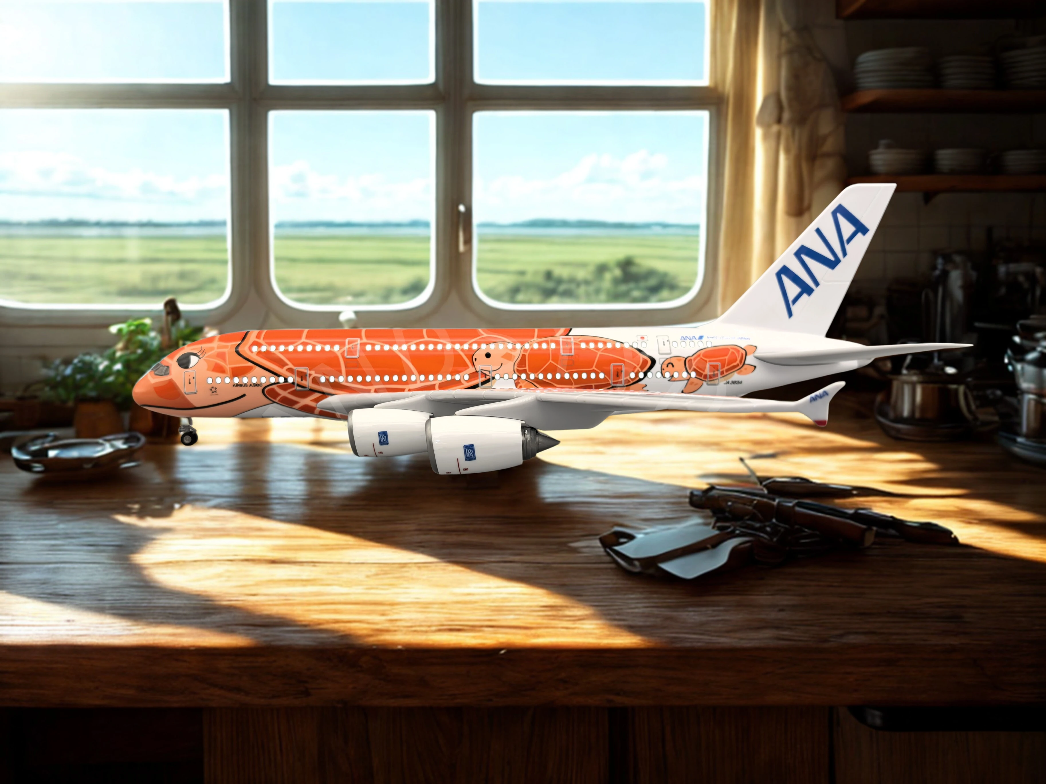 Maßstab 1:160 47CM Japan Air ANA Cartoon Sea Turtle Airlines Orange Airbus A380 Souvenir Flugzeug Spielzeug Druckguss Flugzeug Display
