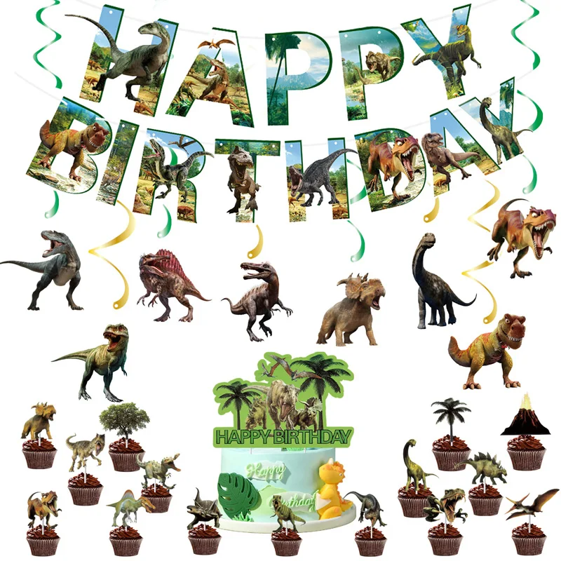 Das Dinosaurier-Geburtstagsparty-Dekorations-Set enthält alles Gute zum Geburtstagsbanner, Dinosaurier-Hängwirbel, Partyzubehör für Zuhause und Schule Image