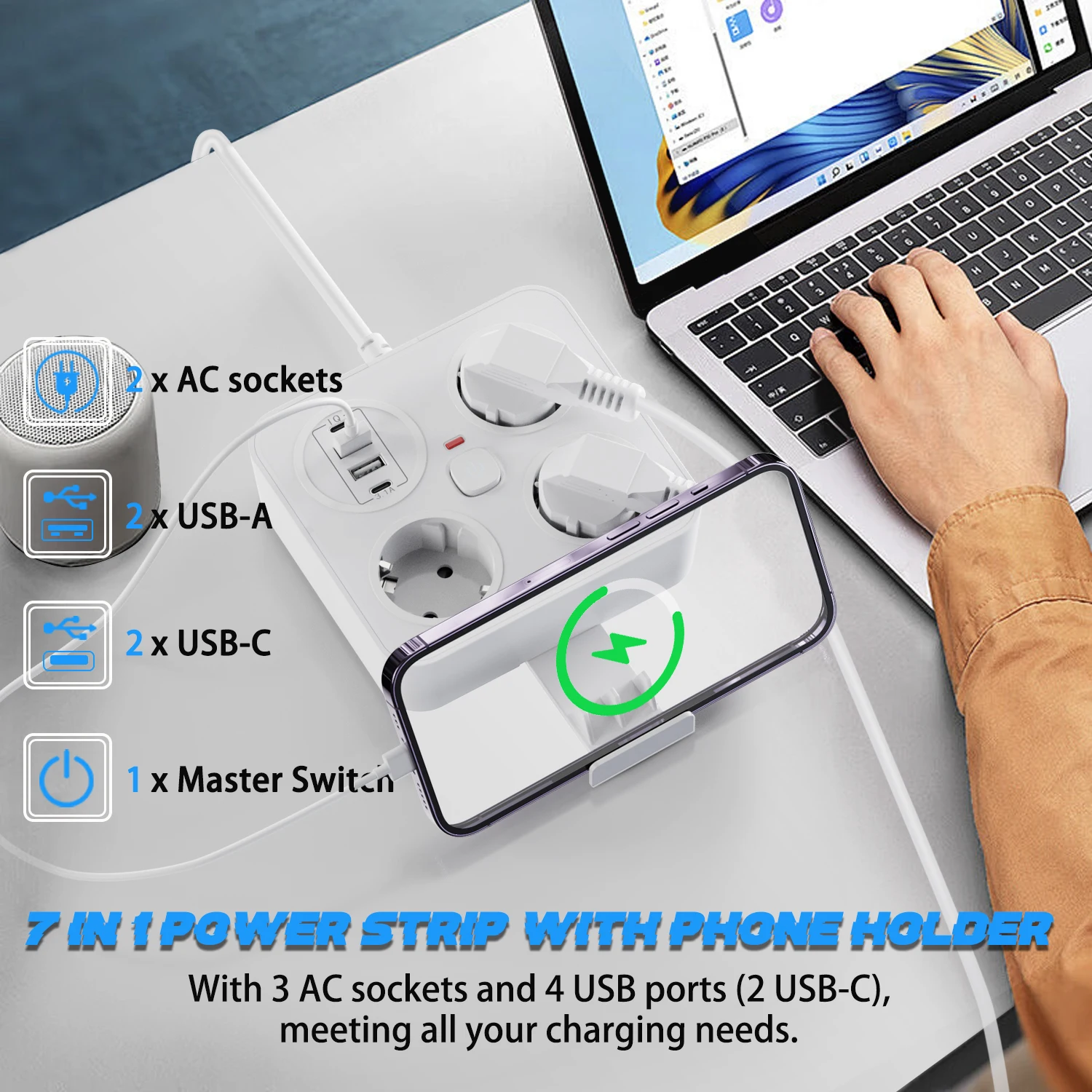 7-in-1-Steckdosenleiste zur Wandmontage mit Telefonhalter, 3 AC-Steckdosen + 4 USB-Anschlüsse (2 USB-C), Überspannungsschutz, EU-Stecker, Hauptschalter Image