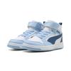 Sneaker PUMA "REBOUND V6 MID AC+ PS", Kinder, Gr. 29, puma weiß, schwarz indigo, haute tropic, Synthetik, mehrfarbig, sportlich, Schuhe