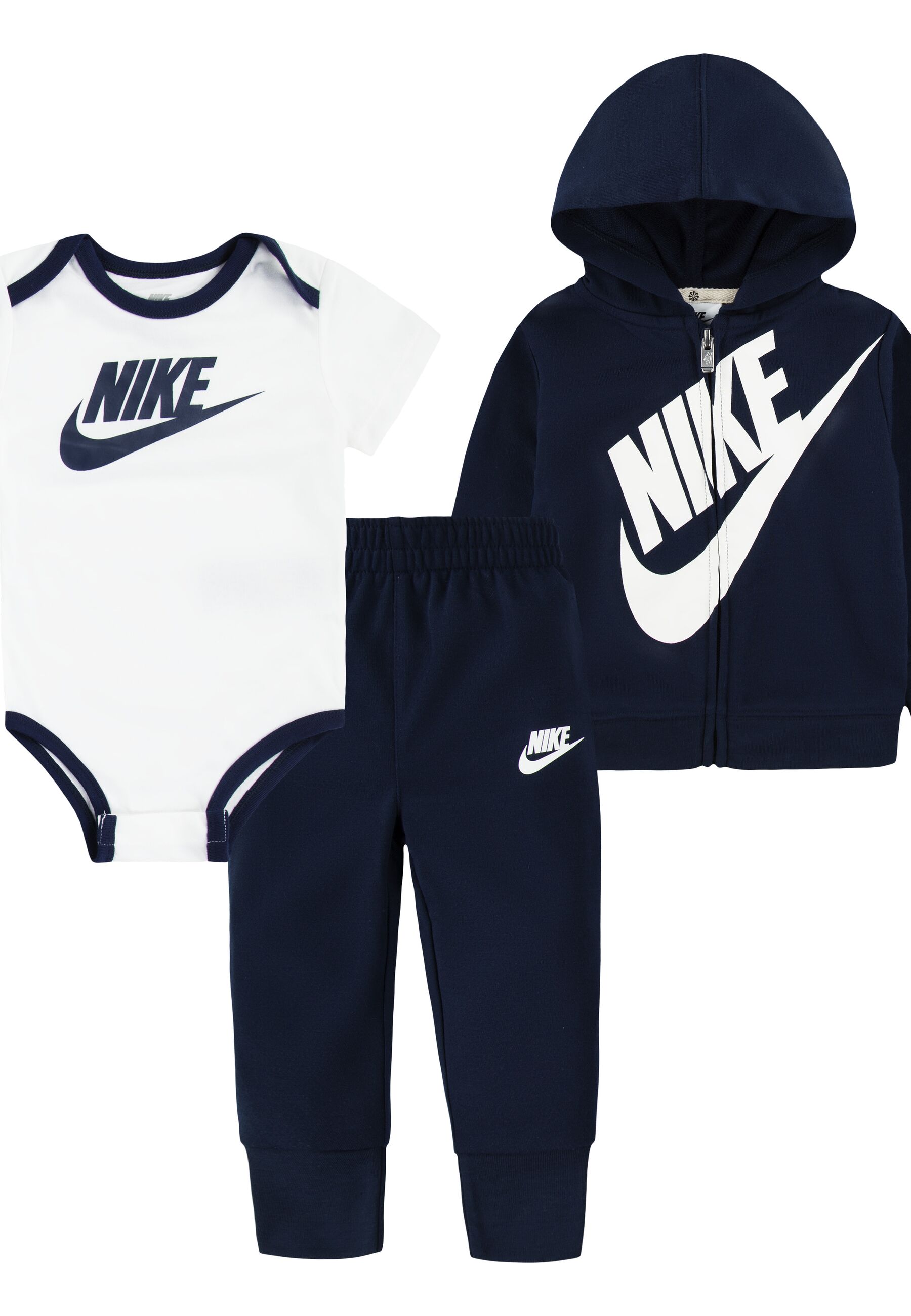 Erstausstattungspaket NIKE SPORTSWEAR "NKN SUSTAINABLE 3PC FZ SET", Kinder, Gr. 92 (24), weiß, Jersey, Obermaterial: 100% Polyester, unifarben, Sportlich, KOB Set-Artikel, für Babys Image