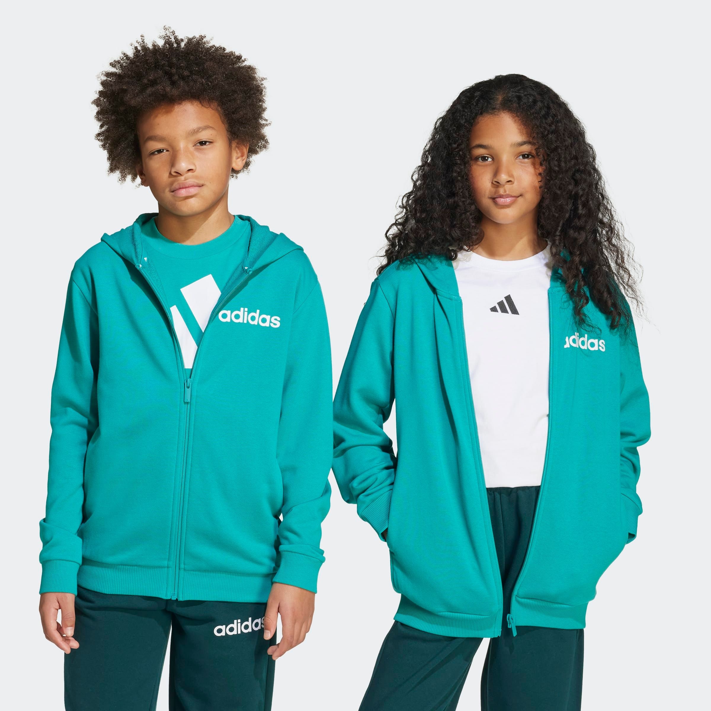 Trainingsanzug ADIDAS SPORTSWEAR "J LIN FT TS 220", Kinder, Gr. 128, weiß (pure teal, weiß), Obermaterial: 52% Baumwolle, 48% Polyester, Sportanzüge Image