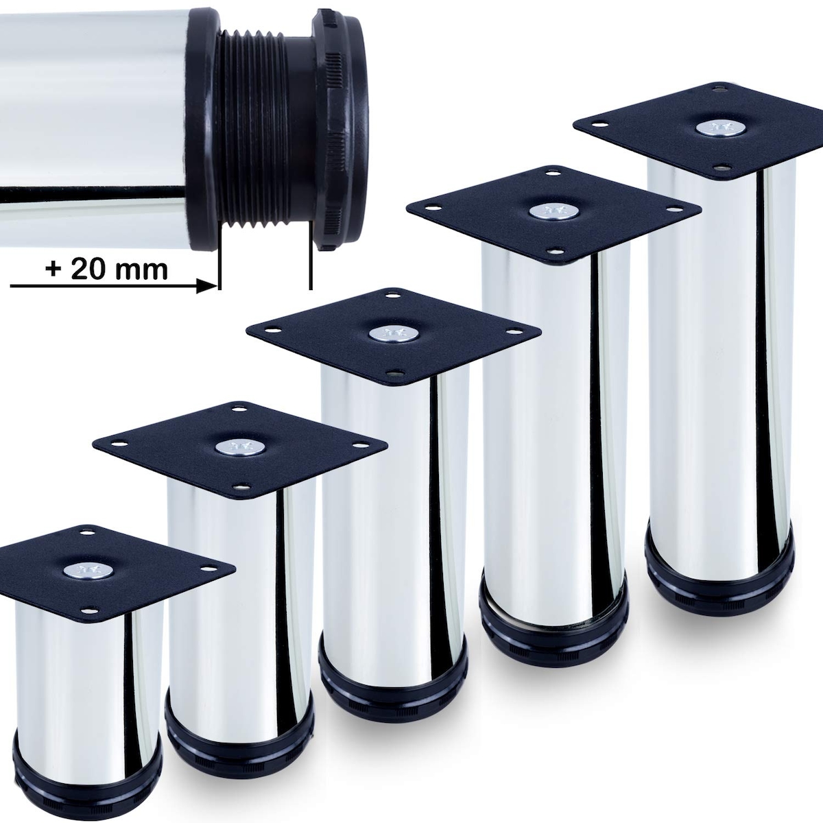 ID Dinkel Möbelfuße verstellbar 50mm Sofafuß Küchenfuß Sockelfüße Bettfüße Bein Hochglanz-Chrom 50mm Image