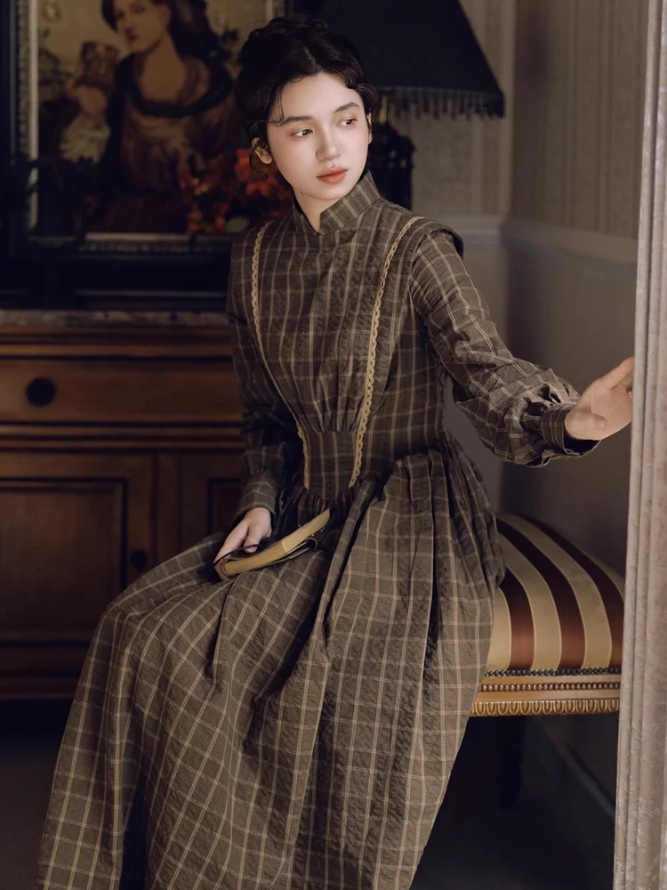 84-96cm Bust Spring Fall Long Dresses For Women Vintage Elegant Slim Stand Collar Long Sleeve 100%Cotton Coffee Plaid Dress
