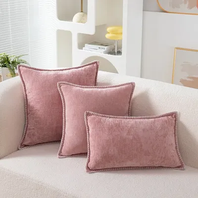Rosa Dekor, niedliche Dekokissenbezüge, Chenille, weicher Plüsch, Samt, quadratische Kissenbezüge mit genähtem Rand, solides Kissen, Heimdekoration Image