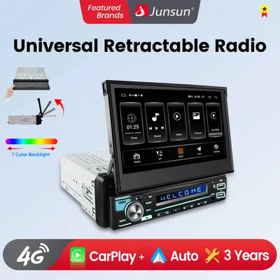 Junsun Carplay Android Auto 7" Retractable Touch Screen Universal Radio 1 Din Foldden Car Multimedia Player MP5 GPS Autoradio