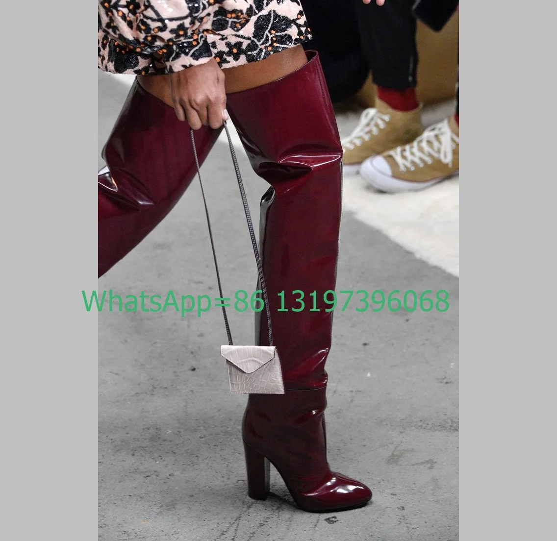 Lady Mirror Vintage Rote PU-Oberschenkelstiefel mit klobigem Absatz, lässiger Runway, neu eingetroffen, Patent-Pu-Kleid, Größe 35–45, sexy Overknee-Stiefel
