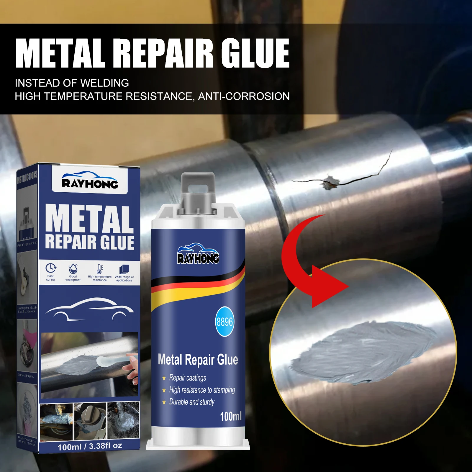 100 ml industrieller AB-Gusskleber aus Metall, hochfeste Reparatur-Kaltschweiß-Zementfüllpaste für Metall, Kunststoff, Holz, Stein, Gips Image