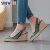 Große Größe Frau Espadrilles Keil Sandalen Weiß Blau High Heel Büro Party Sommer Plattform Spitzschuh Dame Fischer Slingpumps