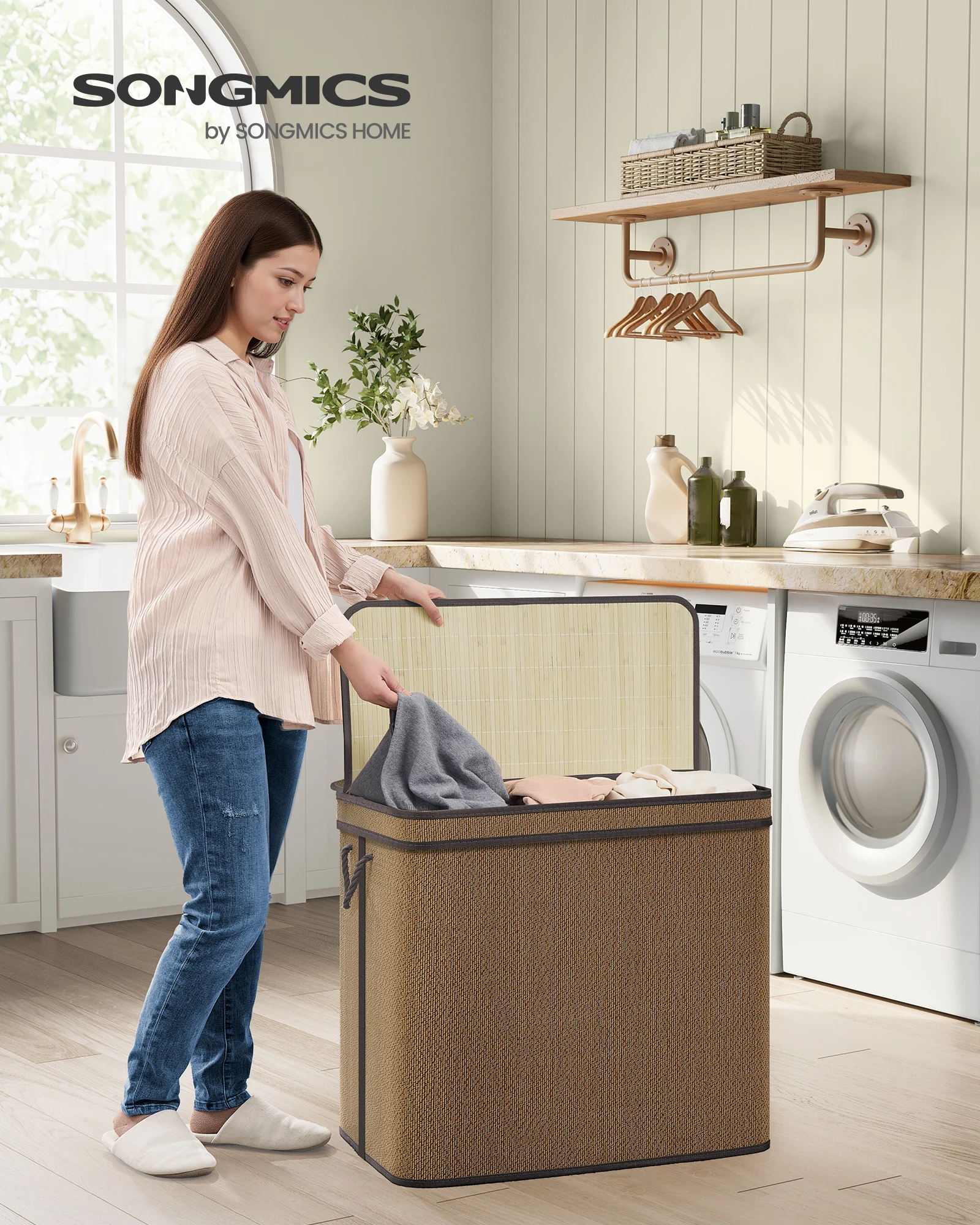 SONGMICS Wäschekorb 3 Fächer,Wäschesammler Bambus, Wäschesack herausnehmbar und maschinenwaschbar,mit Deckel, für Waschküche