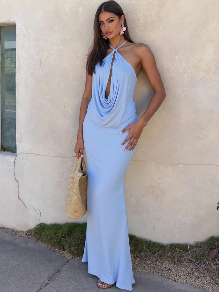 kliou Urlaub Neue Frauen 2-teiliges Set Hipster Solide Swinging Plissee Sexy Backless Tops + Gerade Maxi Röcke Weibliche Einfache outfit Image
