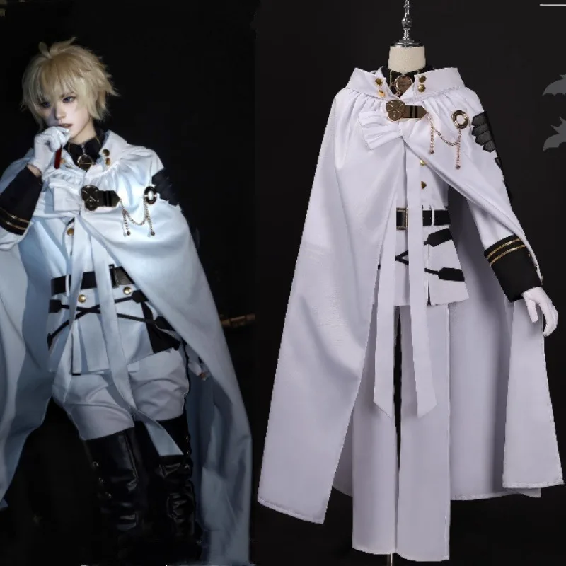 Anime Mikaela Hyakuya Cosplay-Kostüm, weiße Uniform, 3 Meter Umhang-Anzug für Halloween, Comic-Convention, Rollenspiel-Outfits für Herren