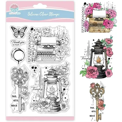 Vintage Element Typewriter Clear Stamps for Card Making Retro Key Lamp Silicone Clear Stamps Butterfly Coffee Stain Transparent
