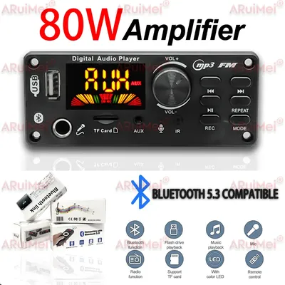 80W Bluetooth MP3 Decoder Board 2*40W 80W Amplifier Audio Player 12V DIY MP3 Player Car FM Radio Module TF USB Mic Record Call