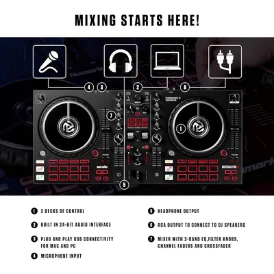2 Deck Controller for Mixer, Built-in Audio Interface, Capacitive Touch Jog Wheels and FX Paddles