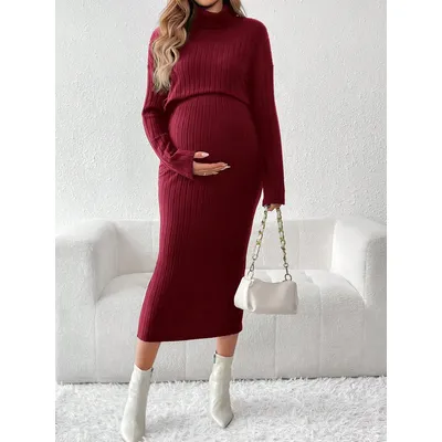 A two-piece set of high-waisted, solid-color knitted round-neck sweater for pregnant women