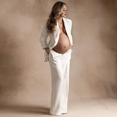 White OL Suit Maternity Photoshoot Outfit Suit Lace Up Long Sleeve Blazer Clothes Chic Chest Chain For Pregnant Women Photograph