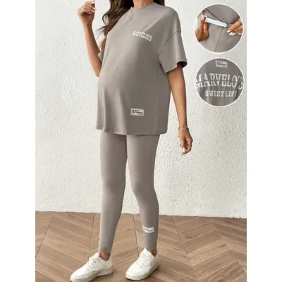 Gray casual pregnant women large size round neck short sleeve nine-point pants home two-piece set