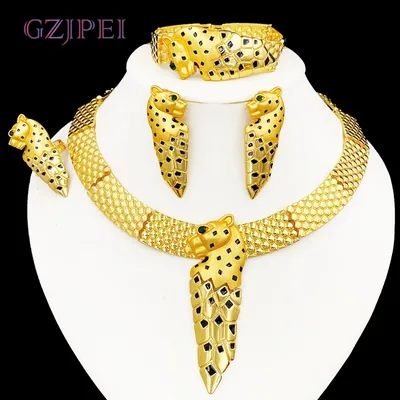 GZJPEI Exaggerate Big Jewelry Set Africal Gold Color Leopard Necklace Bracelet Chic Large Earring Ring Fashion Party Gift 2025