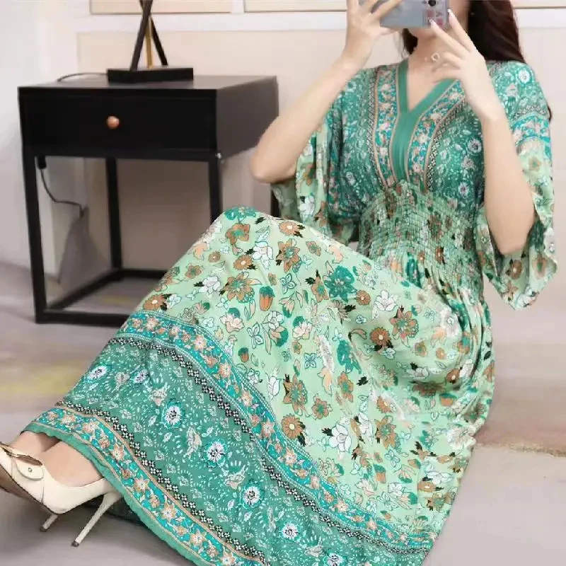 Colorful Flower V-neck Elastic Youthful Bohemian Sweet Midi Dress Woman Clothes Chic Fashion Summer Dresses 2025 Large Swing Ski